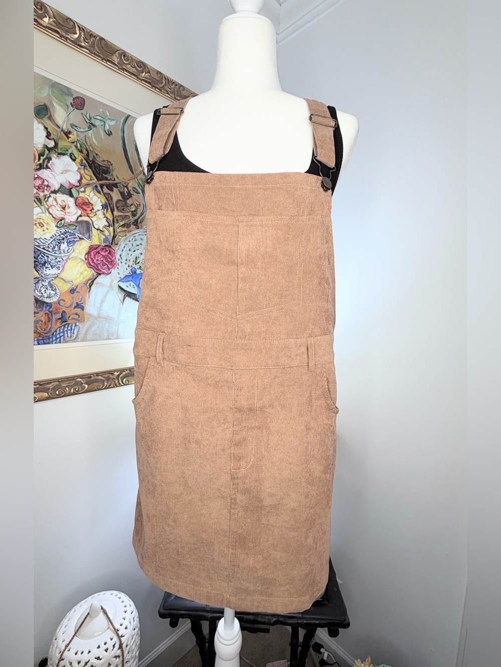 Entro Womens L Tan Corduroy Overall Dress Pinafore Jumper Boho Pockets